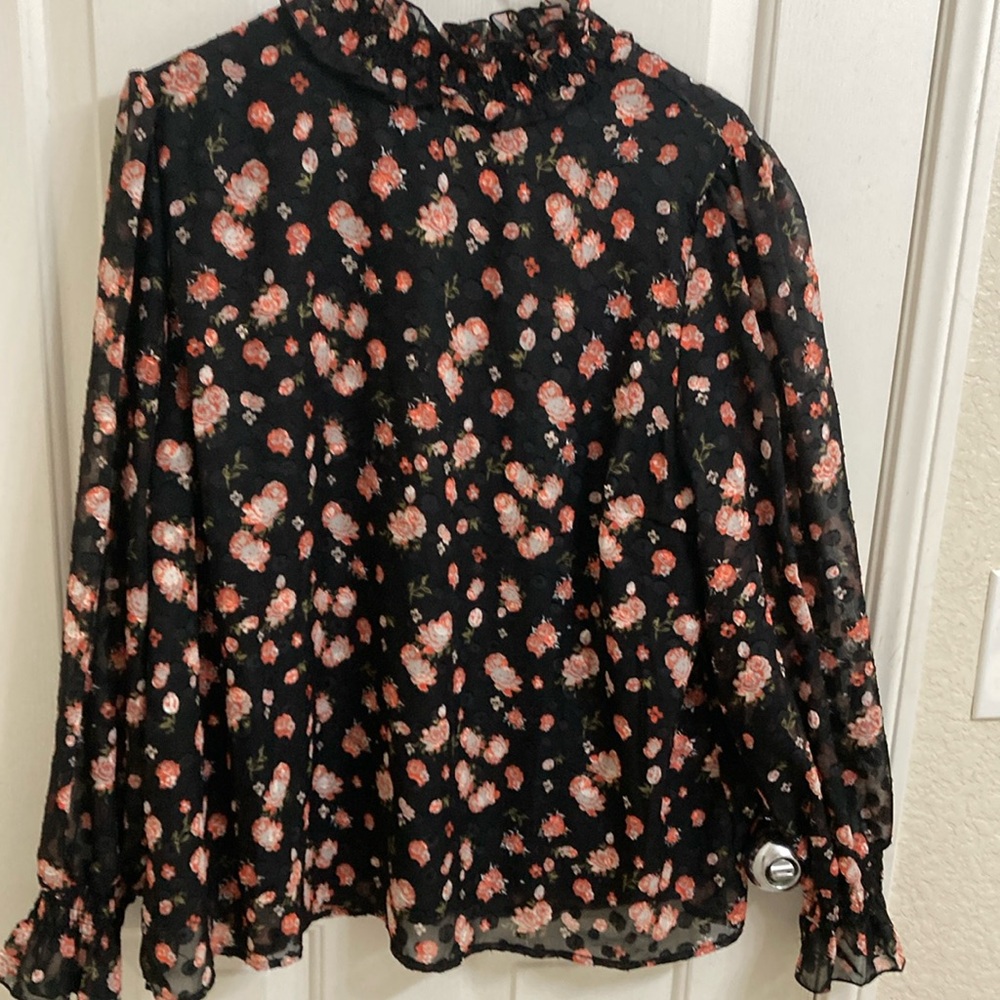 Ruffled Black and Orange Cuffed Sleeve Blouse